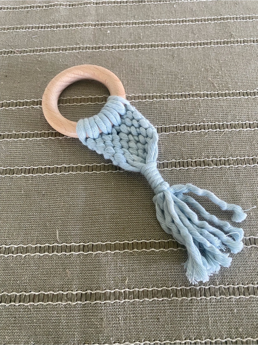 Blue Crochet Baby Teether Sensory Toy, Montessori Wooden Toy Baby Shower Gift